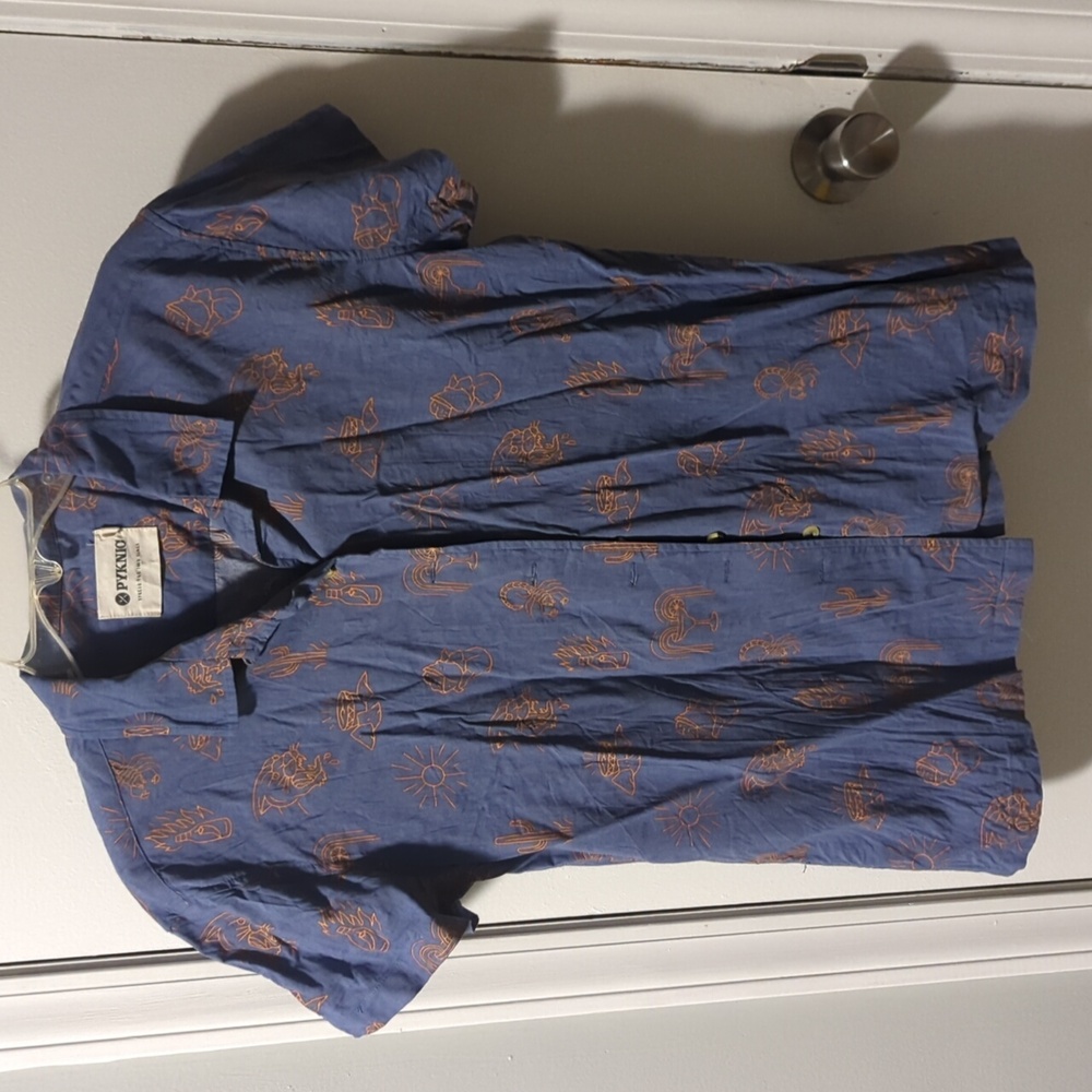 Blue Short Sleeve Shirt with Brown Print